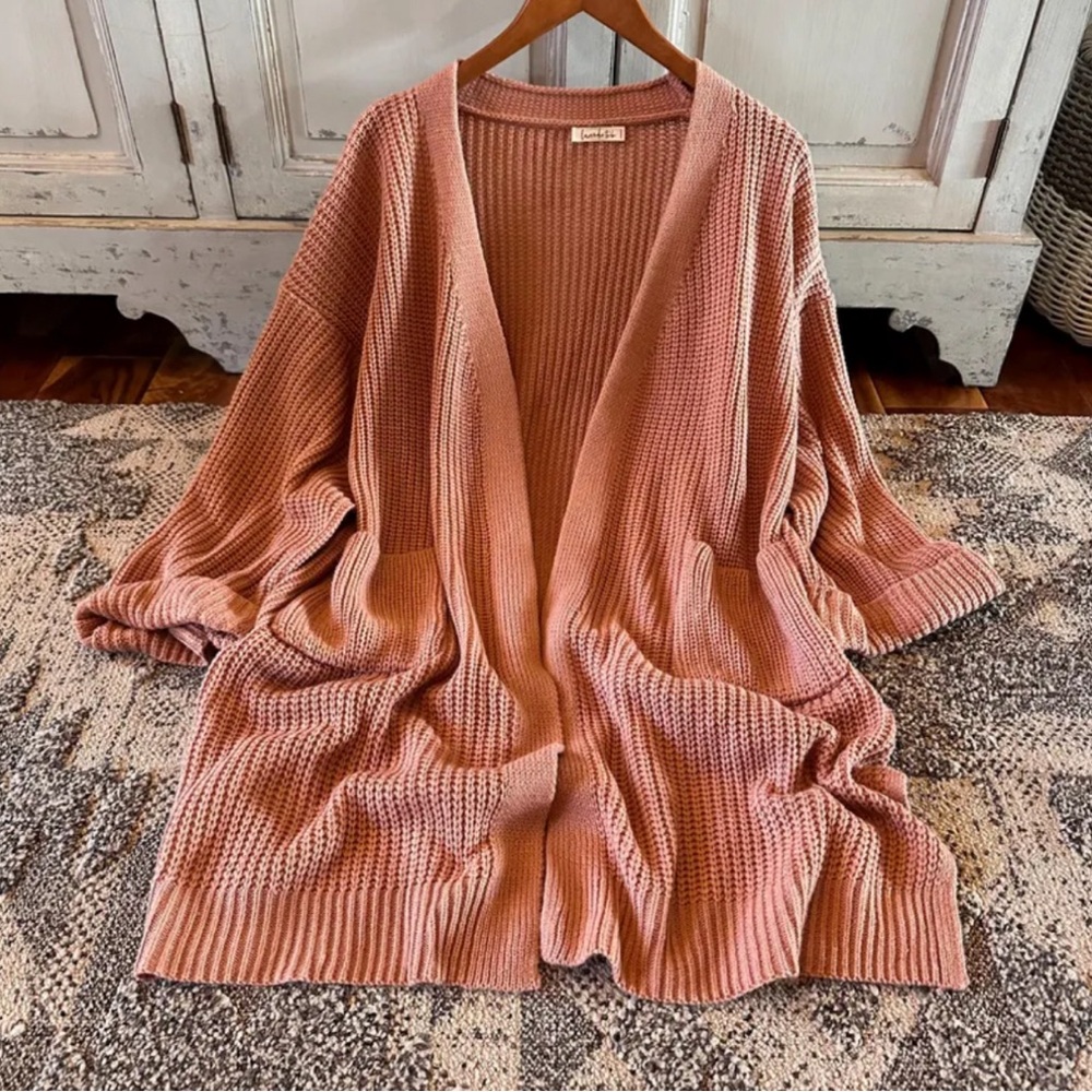 New Womens Oversized Knit Cardigan Sweater Cotton Blush Pink Crochet Yarn - Picture 5 of 10